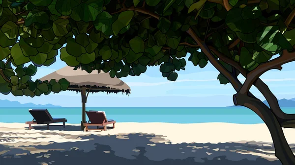 沙滩上阳光明媚 绿松石水配阳伞 日光浴和热带树木 — 图库矢量图片