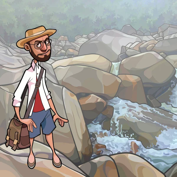 岩の多い河床を背景にした帽子姿の漫画の男性観光客が — ストックベクタ