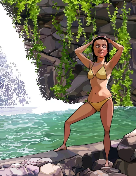 身着泳衣的卡通人物站在丛林瀑布边 — 图库矢量图片