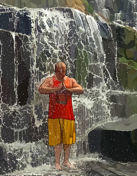 男人站在瀑布的流水中 双手紧握在胸前 — 图库矢量图片