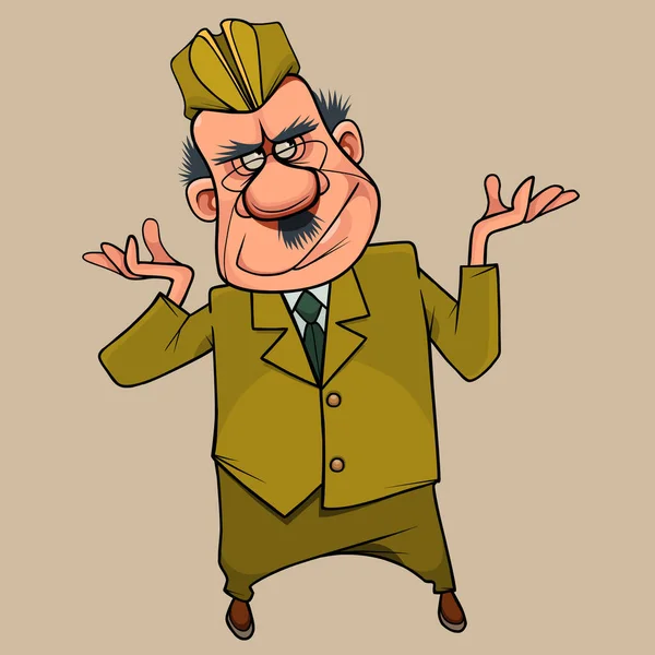 Funny Cartoon Serious Man Suit Garrison Cap Gesturing His Hands — Stock Vector