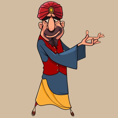 Peri kılığındaki karikatür adamı elleri bir tarafta.
