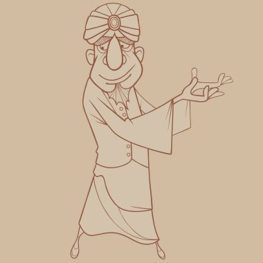 Peri Sultan 'ın kıyafetleri içinde bir karikatür adamı çizimi.