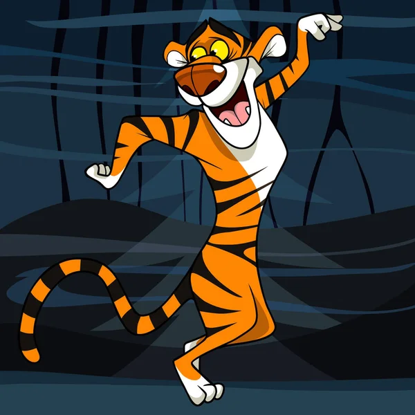 Cartoon Joyful Tiger Dancing Cheerfully Standing Its Hind Legs — Stock Vector