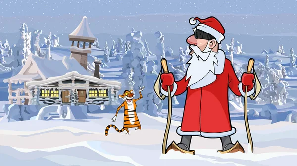 Cartoon Joyful Tiger Catching Santa Claus Skis Winter Forest — Stock Vector