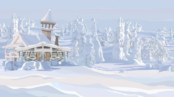 下午雪地森林里圣爪卡通店的冬季背景 — 图库矢量图片