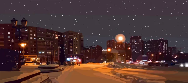 Malowany Zimowy Krajobraz Nocy Pokryte Śniegiem Ulica Miasta — Wektor stockowy