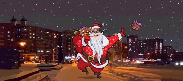 Cartoon Santa Claus Bag Gifts Walks Street Night Winter City — Stockvektor