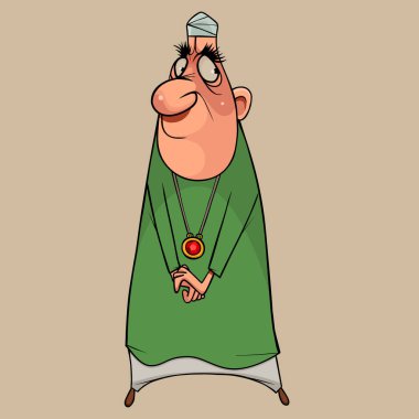 cartoon surprised man with bushy eyebrows in a tunic with precious pendant