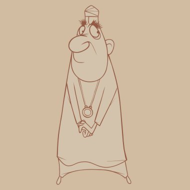 sketch of cartoon surprised man with bushy eyebrows in a tunic with pendant