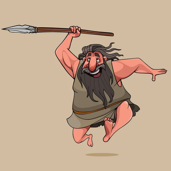 Cartoon Joyful Hairy Bearded Man Running Fast Spear Hand — 图库矢量图片