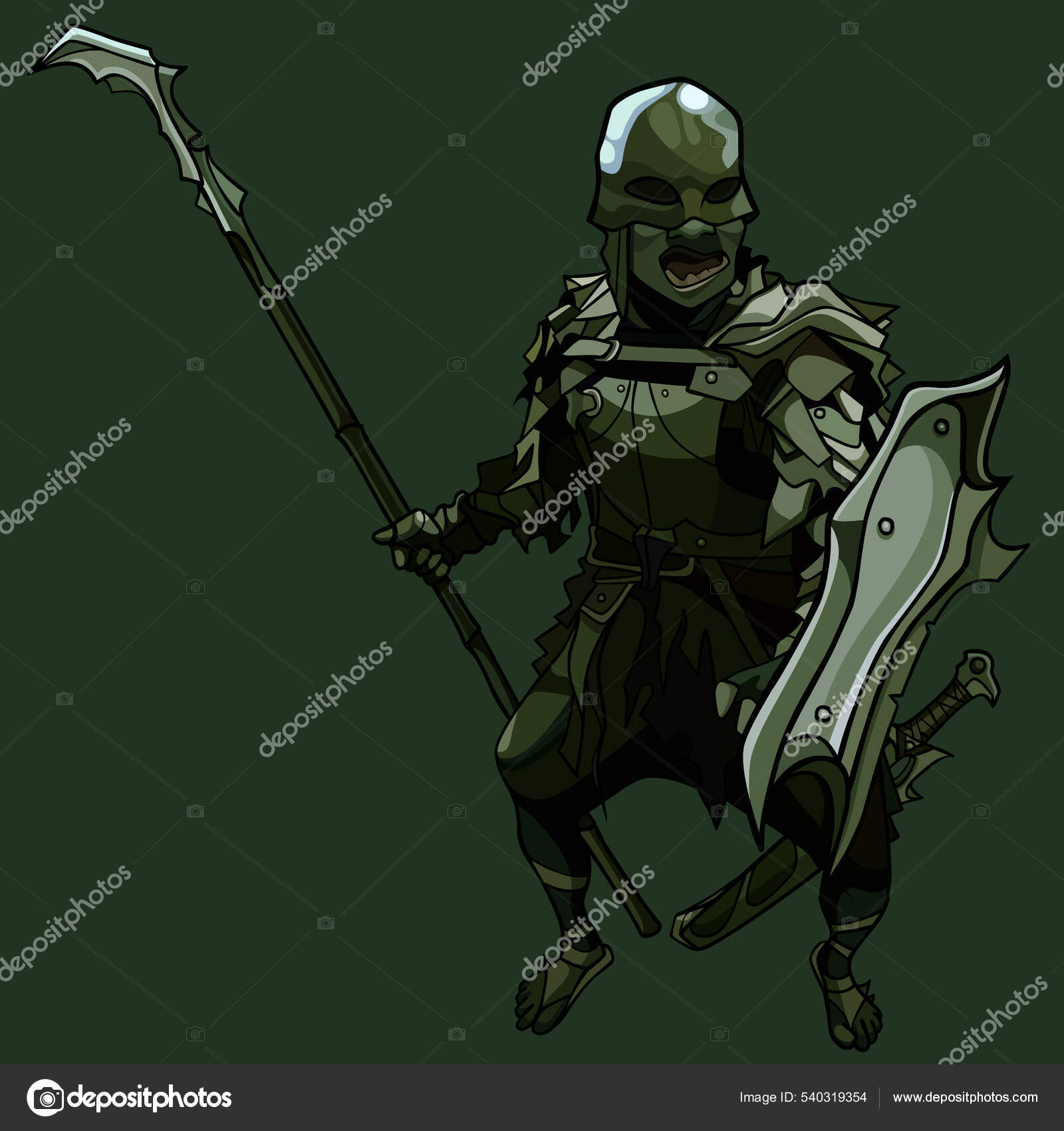 Cartoon Man Dressed Fantastic Orc Armed Spear Sword Shield Vetor de  ©Westamult 540319354, image size:1600x1700