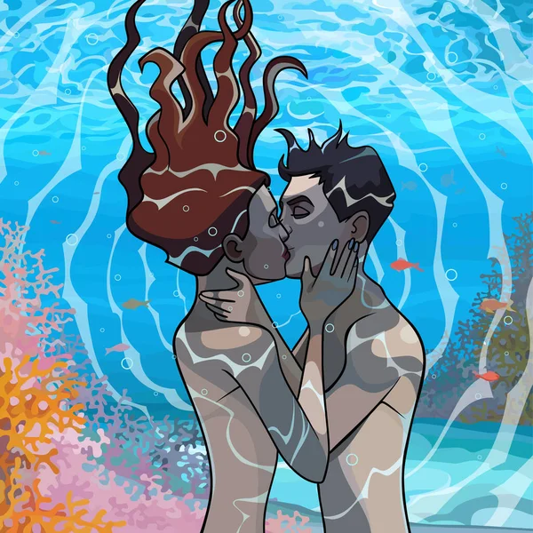 Coppia Innamorata Uomo Donna Baciano Teneramente Sott Acqua Nel Mare — Vettoriale Stock