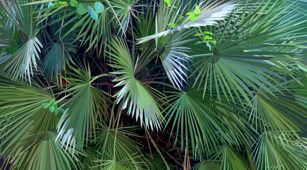 Vacker Bakgrund Tät Grön Tropisk Vegetation Med Palmblad — Stock vektor