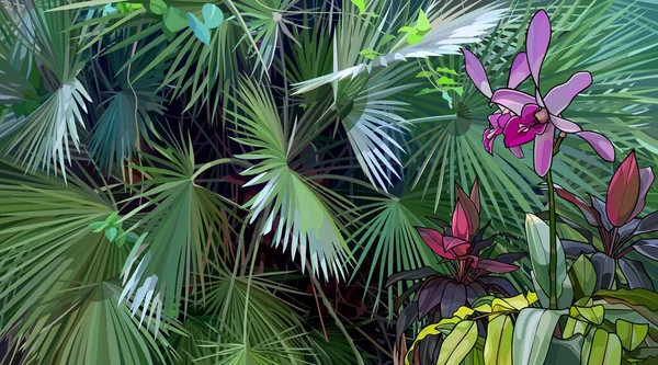 Beau Fond Végétation Dense Avec Des Plantes Tropicales Des Fleurs — Image vectorielle