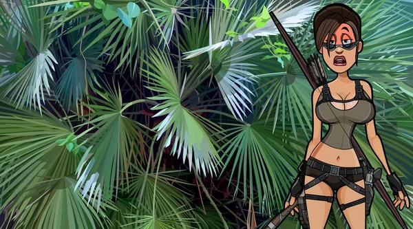Engraçado Desenho Animado Mulher Armada Guerreiro Verde Selva Fundo —  Vetores de Stock