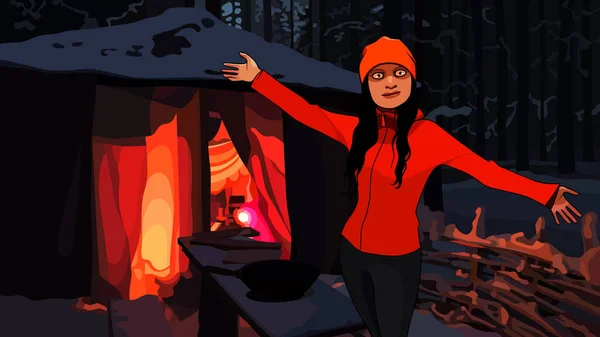 Kreslené Dívka Radosti Zvedá Ruce Turistickém Táboře Zimním Lese — Stockový vektor
