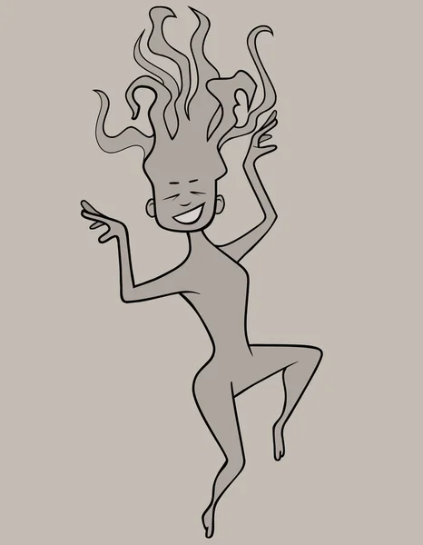Ескіз Мультяшної Радісної Жінки Весело Танцює Волоссям Вгору Ліцензійні Стокові Ілюстрації