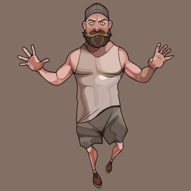 cartoon gloomy bearded man walks with arms outstretched to the sides scares and is about to catch clipart