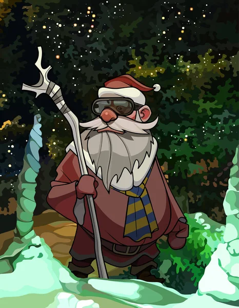Мультяшний Чоловік Одязі Санта Клауса Стоїть Персоналом Засніженому Парку Стоковий вектор