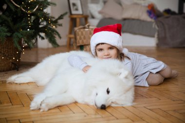 Noel Baba şapkalı mutlu çocuk köpek kucaklayan Samoyed Husky Noel tatilinde evde