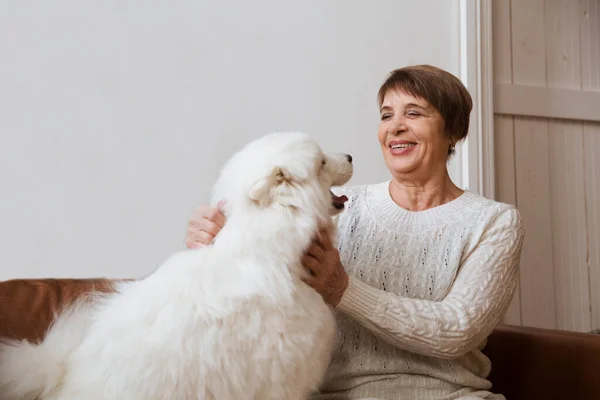 Šťastný Senior Žena Objímání Pes Samoyed Husky Sedí Pohovce Doma — Stock fotografie