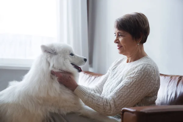 Šťastný Senior Žena Objímání Pes Samoyed Husky Sedí Pohovce Doma — Stock fotografie