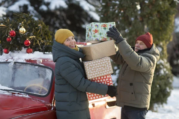 Casal Maduro Amor Com Presentes Natal Floresta Inverno Fotografia De Stock