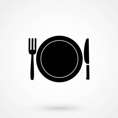 Beyaz arka planda çatal ve kaşık ikonlu tabak. Vektör illüstrasyonu.