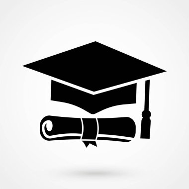 Mezuniyet şapkası ve diploma siyah ağ ikonu. vektör illüstrasyonu
