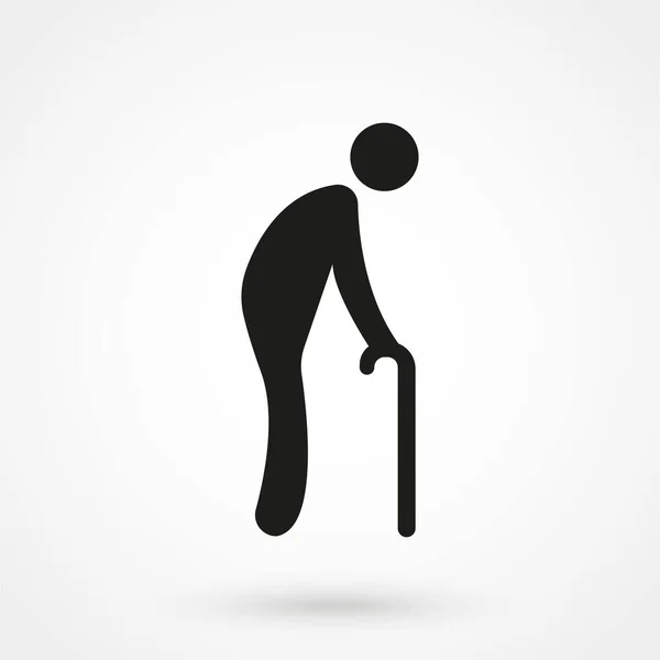 Weak Hunched Old Man Cane Black Silhouette Flat Vector Icon — Vetor de Stock
