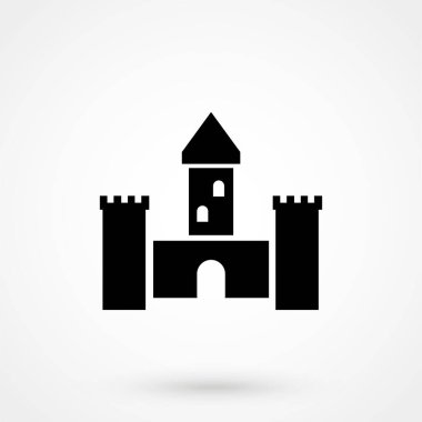 Castle vektör simgesi, beyaz üzerine izole edilmiş. Düz bir şekilde kule, siyah siluet. Ortaçağ evi
