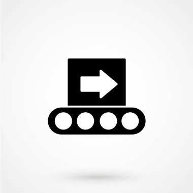 Web, mobil ve infographics için konveyör bant hattı simgesi karton kutu. Açık gri arka planda yalıtılmış vektör koyu gri simgesi.