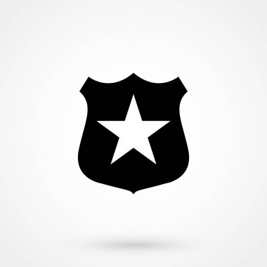 Şerif rozeti yıldız simgesi vektör ile düz işareti, üzerinde beyaz izole katı piktogram dolu. Kamu güvenliği sembolü, logo illüstrasyon