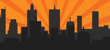 Gündoğumu ve modern siyah siluet şehri Pop sanat tarzında. Çizgi roman tasarım arka planı.