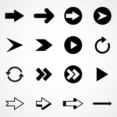 Farklı siyah ok simgeleri, vektör seti. İş bilgisi için soyut unsurlar. Yükselme ve alçalma eğilimi