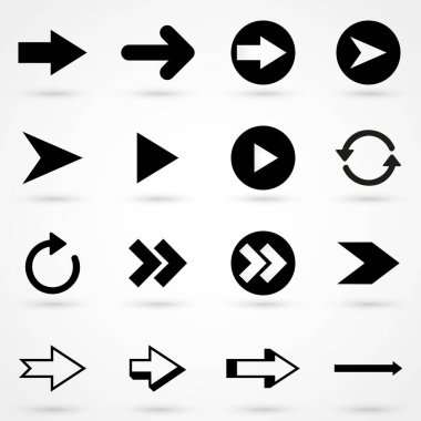 Farklı siyah ok simgeleri, vektör seti. İş bilgisi için soyut unsurlar. Yükselme ve alçalma eğilimi