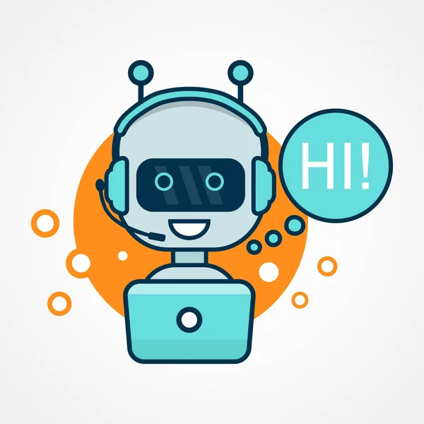 Cute Smiling Robot Chat Bot Say Vector Flat Cartoon Character — Stock Vector