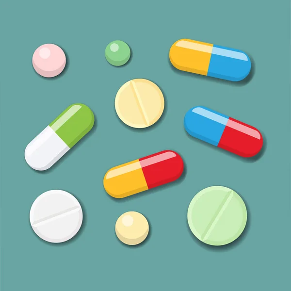 Píldora Tabletas Medicamento Aislado Fondo Montón Cápsulas Drogas Salud Ilustración — Vector de stock