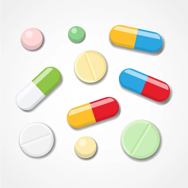 Píldora Tabletas Medicamento Aislado Fondo Montón Cápsulas Drogas Salud Ilustración — Vector de stock