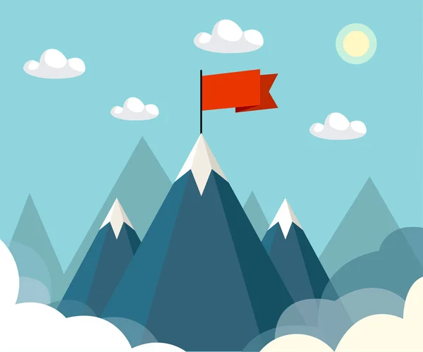 Paisaje Con Bandera Montaña Ilustración Del Concepto Éxito Ilustración Vectorial — Vector de stock