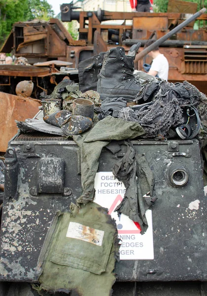 Spálená Poškozená Ruská Vojenská Výzbroj Výstavě Kyjevě 2022 Ukrajina — Stock fotografie