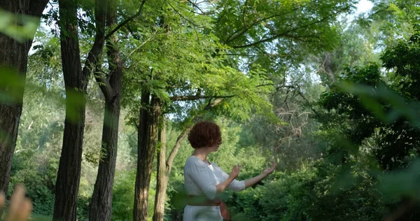 Hembra Practicando Qigong Meditación Parque Verano Bosque — Foto de Stock