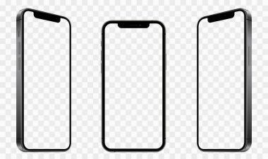 Saydam ekranlı gerçekçi modeller akıllı telefon. Akıllı telefon model koleksiyonu. Aygıt ön görünümü. Şeffaf arkaplanda gölgesi olan 3D cep telefonu - stok vektörü.