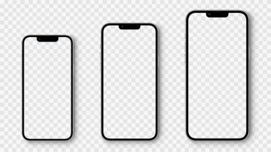 Saydam ekranlı gerçekçi modeller akıllı telefon. Akıllı telefon model koleksiyonu. Aygıt ön görünümü. Şeffaf arkaplanda gölgesi olan 3D cep telefonu - stok vektörü.