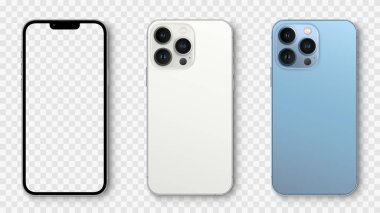 Saydam ekranlı gerçekçi modeller akıllı telefon. Akıllı telefon model koleksiyonu. Aygıt ön görünümü. Şeffaf arkaplanda gölgesi olan 3D cep telefonu - stok vektörü.