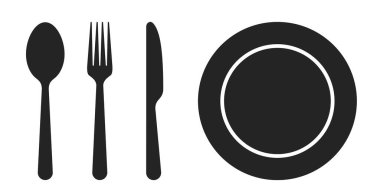 Çatal, bıçak, kaşık ve tabak seti ikonları. Masa takımı düz stil. Yemek servisi koleksiyonu. Uygulamalar ve web siteleri için tabak, çatal ve bıçak. Yemek servisi - hisse senedi vektörü.