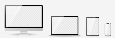 Gerçekçi bilgisayar, dizüstü bilgisayar, tablet ve akıllı telefon. Aygıt ekran model koleksiyonu. Gerçekçi olarak bilgisayar, dizüstü bilgisayar, tablet, telefon ve gölgeli hisse senedi vektörü..