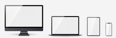 Gerçekçi bilgisayar, dizüstü bilgisayar, tablet ve akıllı telefon. Aygıt ekran model koleksiyonu. Gerçekçi olarak bilgisayar, dizüstü bilgisayar, tablet, telefon ve gölgeli hisse senedi vektörü..