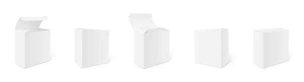 ブランク段ボールパッケージボックスモックアップ 閉じたボックスと開いているボックス 箱セット 3つのテンプレート デザインやブランディングのための影と異なる位置のボックスのレイアウト 株式ベクトル — ストックベクタ